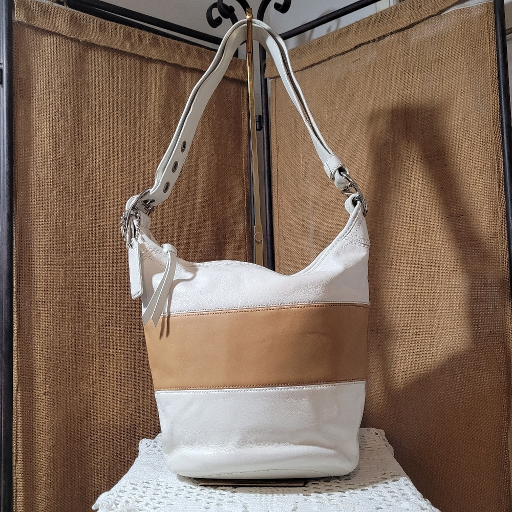 Coach F13357 Striped Bucket White Leather Bucket Bag with Tan Sriped